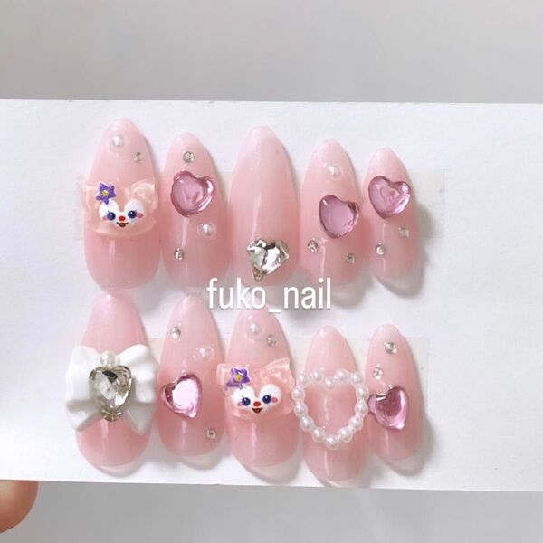 【現品/Mサイズ】リーナベルネイルチップ ピンク リボンネイル ハートネイル キラキラネイル ワンホンネイル