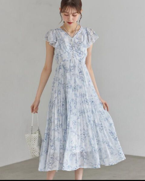 toccoclosetパール付きネックリボン水彩ラインフラワープリーツワンピース