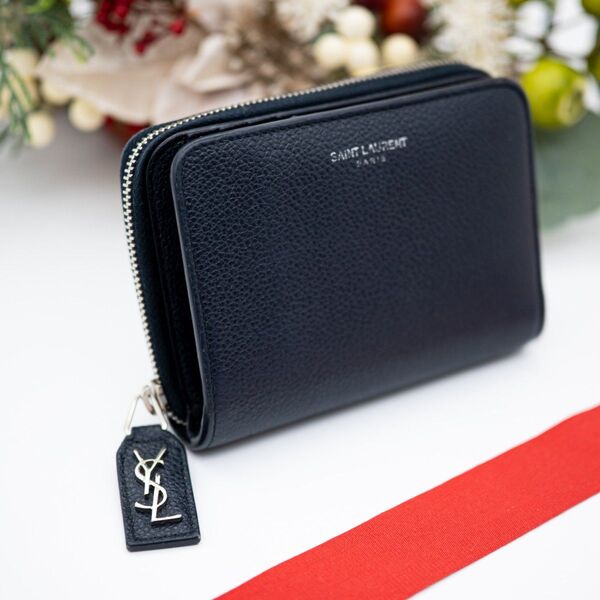 サンローラン 財布 プル YSL カサンドラ レザー ネイビー コンパクト イヴサンローラン 二つ折り財布 メンズ レディース