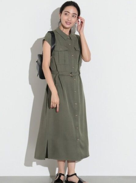 美品 ビームスハート フレンチスリーブシャツ サファリ ワンピース カーキ