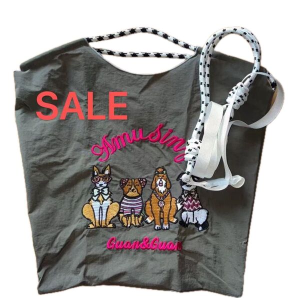 SALE 【新品未使用】犬好きさんにエコバッグ ストラップ付きの刺繍 犬柄ダークグレーМサイズ 可愛い♪