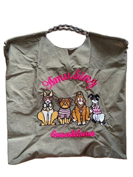 【新品未使用】犬好きさんにエコバッグ 刺繍 犬柄ダークグレーМサイズ 可愛い♪