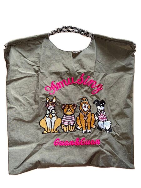 【新品未使用】犬好きさんにエコバッグ 刺繍 犬柄ダークグレーМサイズ 可愛い♪