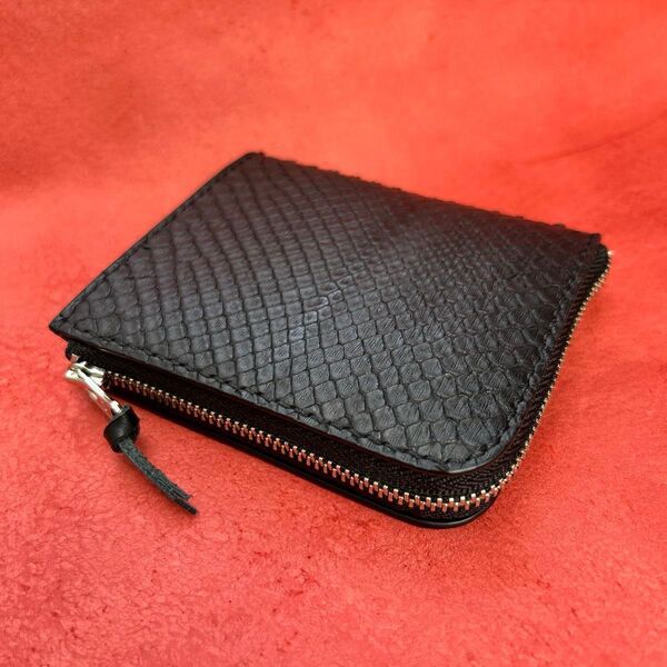 L字ファスナー革財布 ハーフサイズ財布 ミニ財布 コンパクト財布 ハーフウォレット 蛇革 ダイヤモンドパイソン 黒 ブラック
