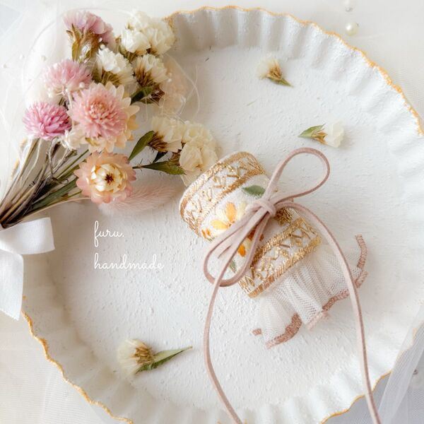 インド刺繍リボン ポニーフック ヘアカフ 黄色花柄刺繍 レース ハンドメイド