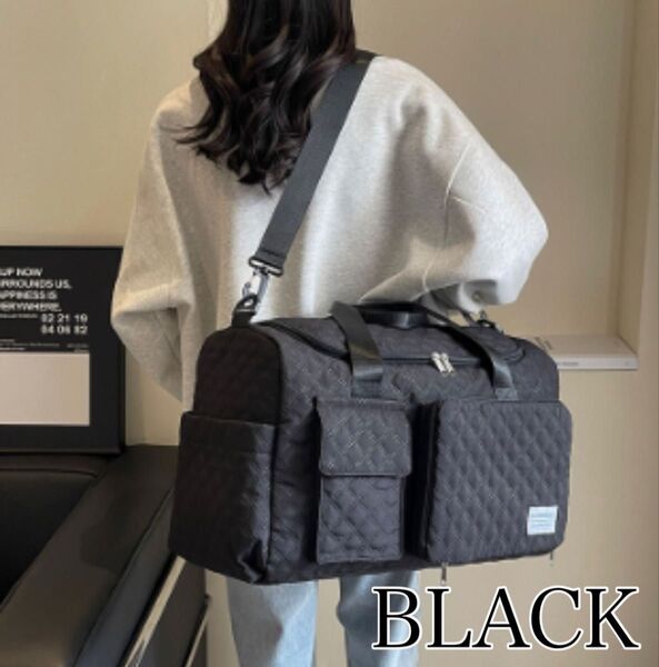 【ブラック】 大容量 ショルダー ボストンバッグ キャリーオン ジム 旅行 撥水 スポーツバッグ 出張 旅行バッグ 2way 合宿