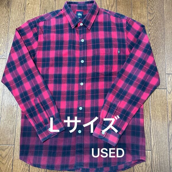 stussy コットンネルシャツ チェック柄☆ Lサイズ☆USED☆シュテューシー 長袖シャツ