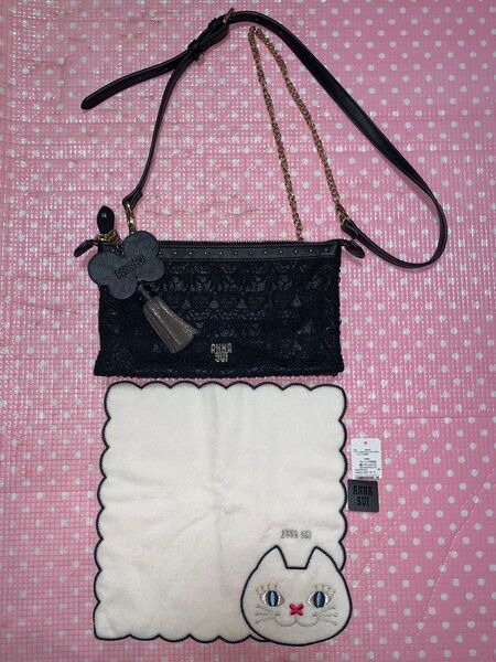 ANNA SUI アナスイ チャーム付 レース バッグ ブラック オマケ付 少し難有り 格安 レザーショルダー ゴールドチェーン