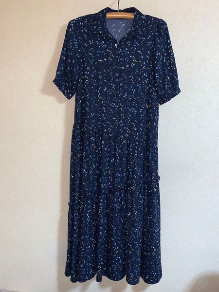 index 花柄 半袖 パフ袖 ロングワンピース ネイビー M 新品 タグ付 ワールド アシンメトリー フリル マキシ丈 格安