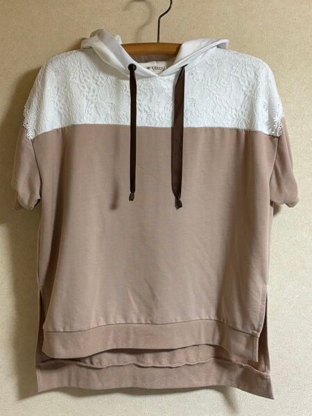 axes femme アクシーズファム 半袖 レース バイカラー パーカー M ベージュ ビッグシルエット フリーサイズ相当 格安