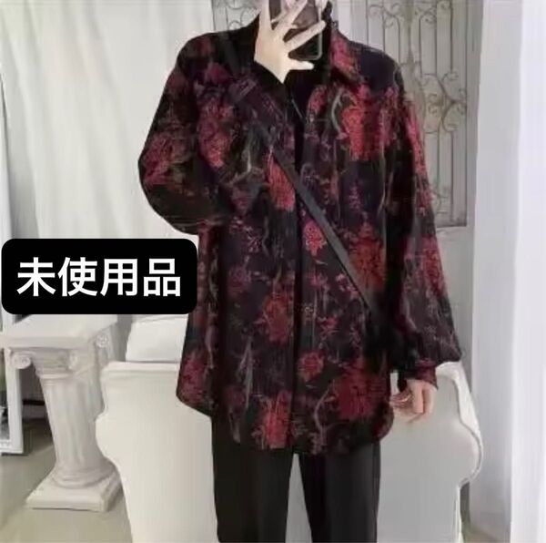 【未使用品】柄シャツ バラ 花柄 薔薇柄 ブラック 黒 赤 メンズ レディース SHEIN シーイン ユニセックス