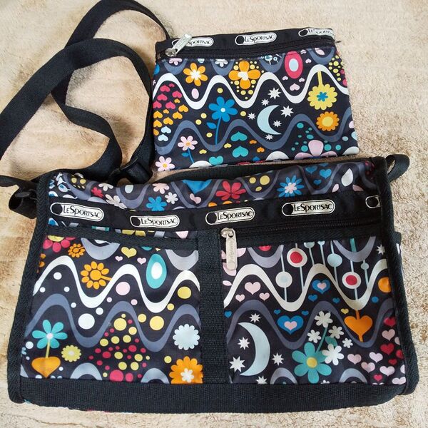 ②レスポートサックショルダーバック花柄.Used.ポーチ付き 斜めがけバッグ♪