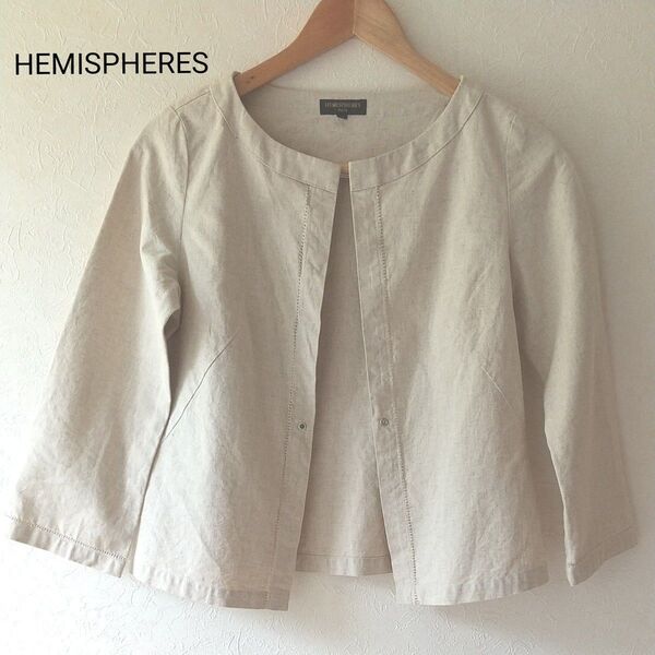 HEMISPHERES レディースノーカラージャケット 麻 ベージュ Sサイズ