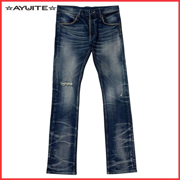 AYUITE アユイテ ダメージ ヒゲ 加工 赤耳 セルビッチ ストレッチ デニム パンツ ジーンズ Gパン インディゴ 2