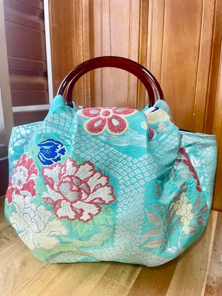 ハンドメイド 1点物 帯リメイクのまんまる可愛い手提げバッグ