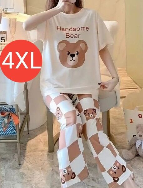新品 4XL かわいいくまさんプリント ルームウェア パジャマ 半袖 夏物 上下セット セットアップ 部屋着
