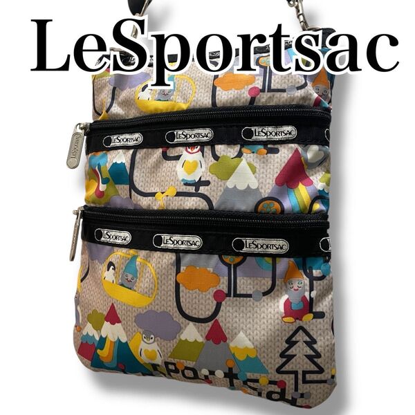 【美品】 LeSportsac レスポートサック ショルダーバッグ ポシェット サコッシュ 小さめ 軽量 ニット柄 グレー系