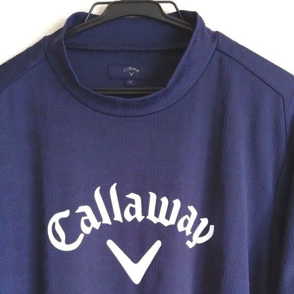 美品 Callaway 総柄 ネイビー モックネック Tシャツ 3Dロゴ 速乾 即乾 透湿 ストレッチ ゴルフ men's XL