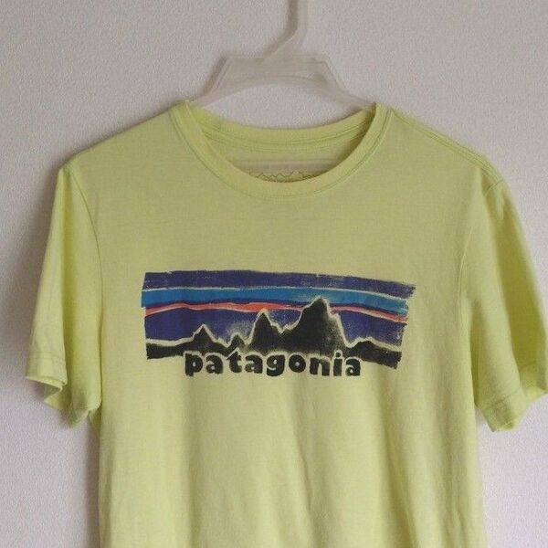 Patagonia イエロー コットン Tシャツ BIGロゴ men's M プリントTシャツ 半袖Tシャツ Slim Fit
