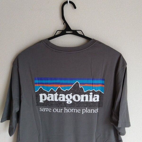 新品 タグ付き Patagonia グレー Tシャツ BIGバックロゴ men's L 半袖 バックプリント BIGロゴ