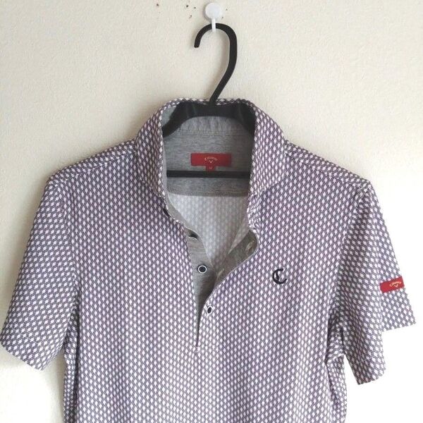 美品 Callaway GOLF 総柄 パープル ホワイト ポロシャツ 刺繍 透湿 UVケア men's M 半袖