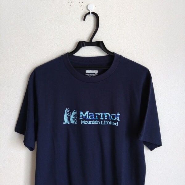 Marmot ネイビー Tシャツ BIGロゴ ビーバー キャラクター 透湿 速乾 即乾 men's XL 半袖