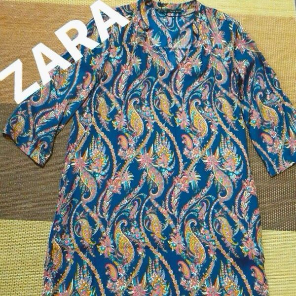 ザラ ペイズリー柄チュニックワンピース ブルー M ZARA BASIC ペーズリー柄ワンピース ザラ総柄チュニック 美品