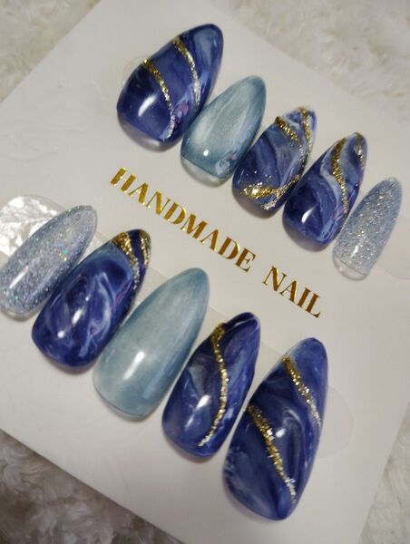 10個セット ネイルチップ ハンドメイド マーブル ブルー系 ゴールド