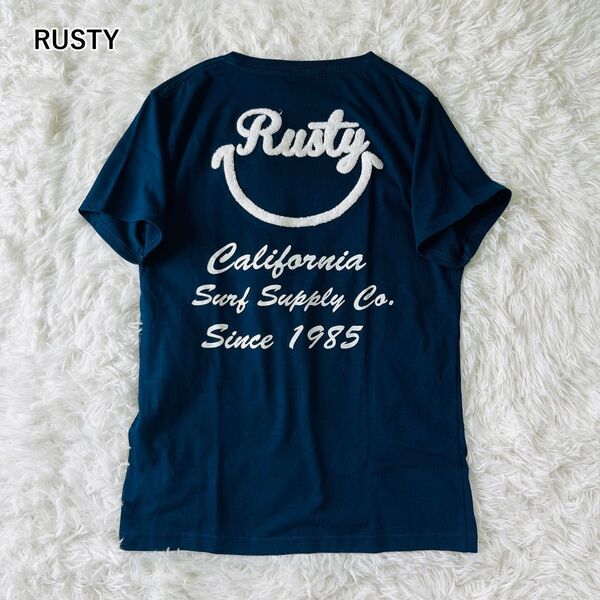 【USED】ラスティ RUSTY 半袖Tシャツ プリント モコモコ ロゴ カジュアル 紺 ネイビー Mサイズ