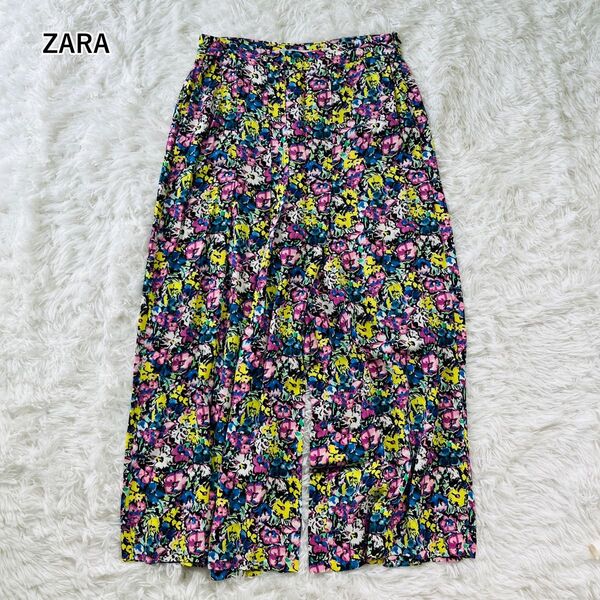 【USED】ザラ ZARA 総柄 ワイドパンツ 花柄 プリントパンツ 薄手 個性的 派手 フラワープリント カラフル ゆったり M