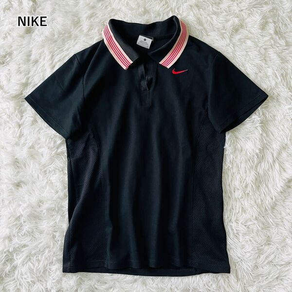 【USED】ナイキ NIKE スポーツウェア テニス ゴルフ 半袖ポロシャツ 刺繍ロゴ メッシュ Sサイズ 黒 ブラック ピンク