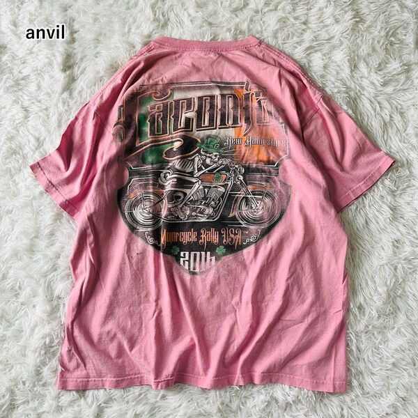 【USED】希少 アンビル anvil 半袖Tシャツ 大きいサイズ モーターサイクルラリー プリントロゴ ビッグシルエット ピンク