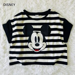 【USED】ディズニー DISNEY 半袖Tシャツ ボーダー柄 ショート丈 ミッキープリント 袖ロールアップ カジュアル