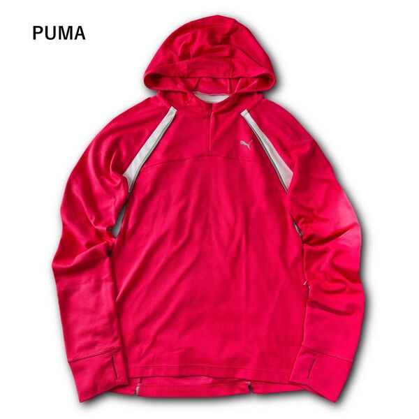 【USED】プーマ PUMA フード付 ラッシュガード ハーフジップ サムホール付 プリントロゴ ピンク Mサイズ