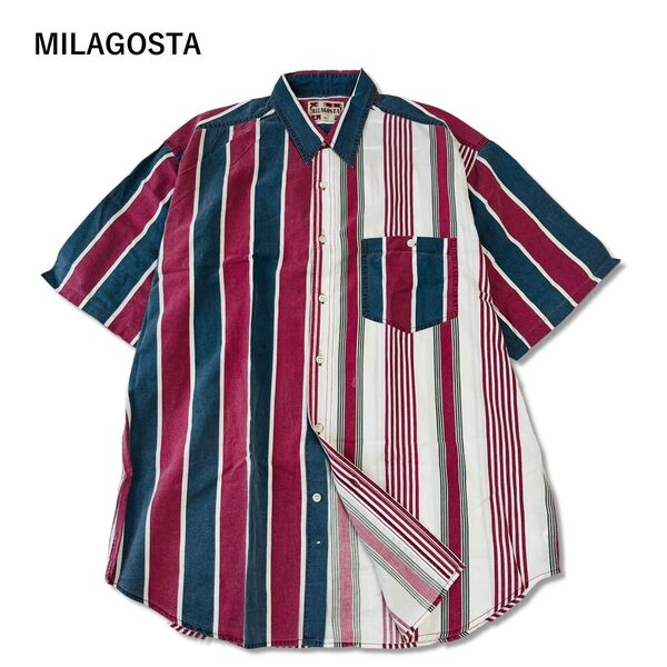 【USED】MILAGOSTA 半袖シャツ 海外古着 ストライプ カジュアル ヴィンテージ風 派手 Lサイズ