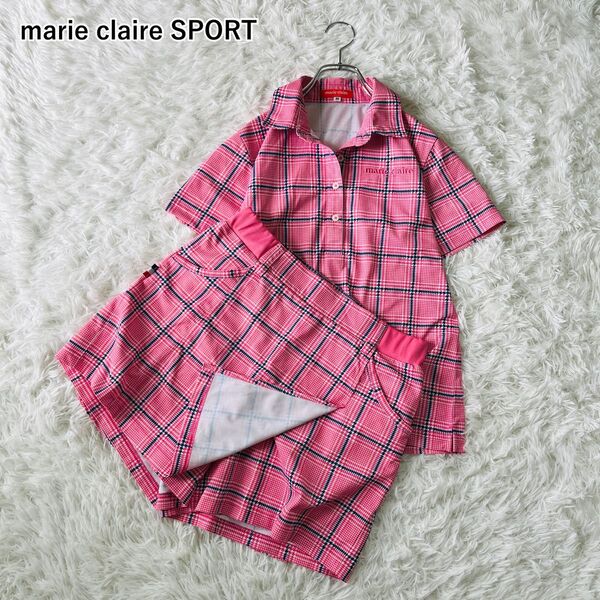 【良品】マリクレールスポーツ marie claire SPORT ゴルフ チェック柄 セットアップ 半袖ポロシャツ キュロット