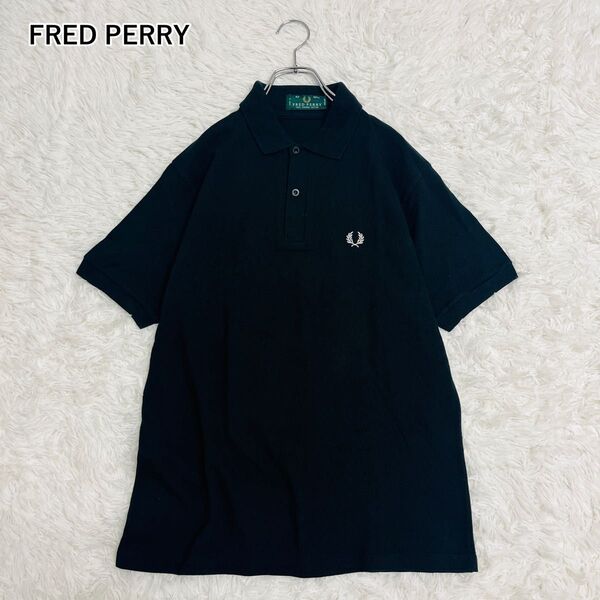 【良品】フレッドペリー FRED PERRY 90s 英国製 ヴィンテージ 半袖ポロシャツ 鹿の子 刺繍ロゴ 大きいサイズ 黒