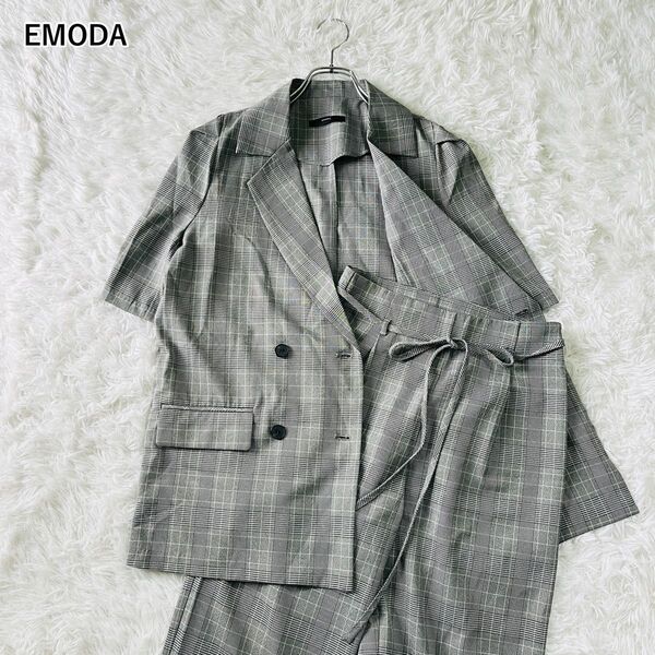 【USED】エモダ EMODA 半袖ジャケット ベルト付 スラックス チェック柄 セットアップ トレンド カジュアル グレー