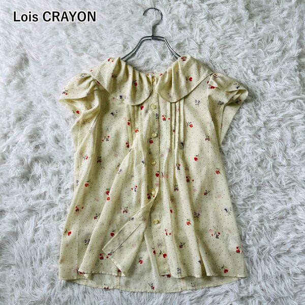 【良品】ロイスクレヨン LOIS CRAYON 日本製 フレンチスリーブ シフォン シャツ ブラウス フェミニン 総柄 花柄