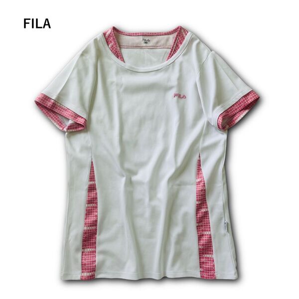 【USED】フィラ FILA 半袖Tシャツ レイヤード風 スポーツウェア トレーニングウェア 刺繍ロゴ ドット柄 オシャレ M