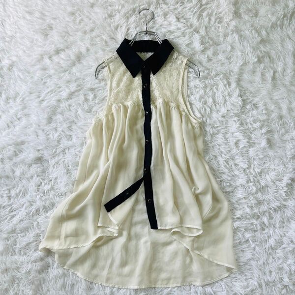 【USED】ノースリーブシャツ 花柄レース シフォン 体型カバー 美シルエット 透け感 チュニック ブラウス フィッシュテール M