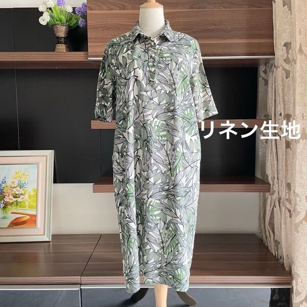 ハンドメイド レディース リネン シャツワンピース 半袖 ワンピース ロングシャツ ロング 国産生地 体型カバー ハワイリゾート風