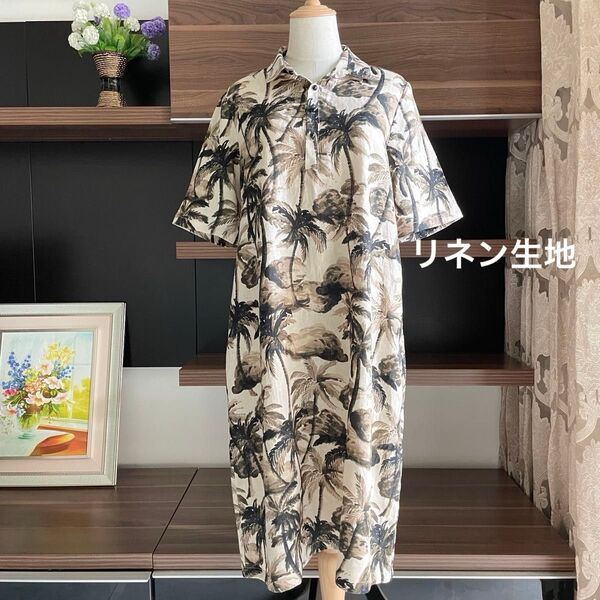 ハンドメイド レディース リネン シャツワンピース 半袖 ワンピース ロングシャツ ロング 国産生地 体型カバー ハワイリゾート風