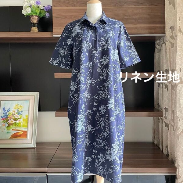 ハンドメイド レディース リネン シャツワンピース 半袖 ワンピース ロングシャツ ロング丈 国産生地 体型カバー 通気 ネイビー