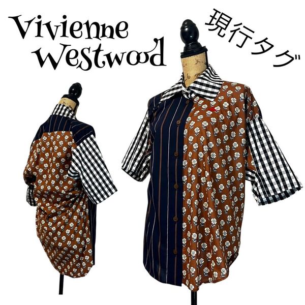 【現行品】【00】Vivienne Westwood ヴィヴィアンウエストウッド 変形 切り替え 花柄シャツ 刺繍オーブ