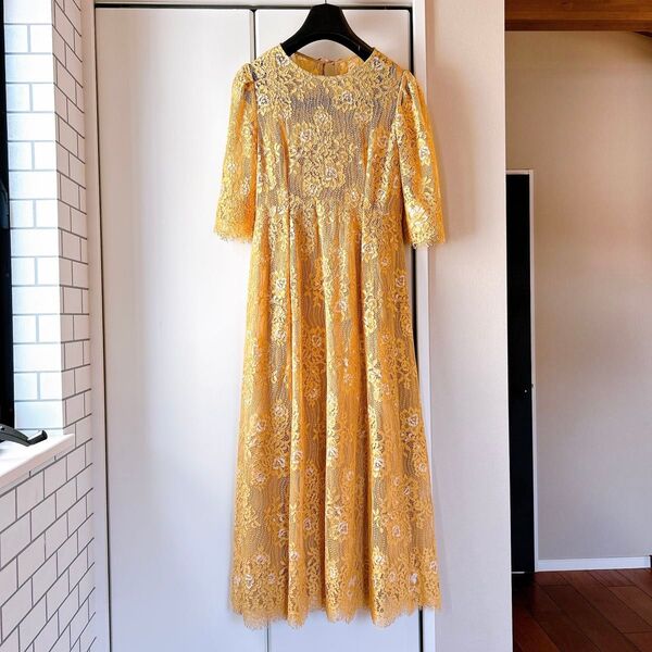 美品ドリードール ロングワンピース ドレス イエロー 花柄 レース M