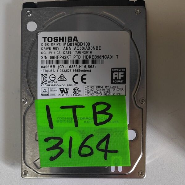 3164時間 正常判定 1TB 2.5インチHDD 東芝 MQ01ABD100