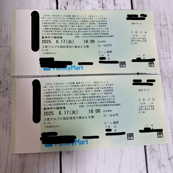 阪神タイガース 千葉ロッテマリーンズ 6月17日(火) チケット 2枚 3塁アルプス指定見切り席