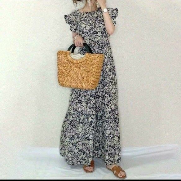 フリル 花柄 ロング ワンピース 韓国 マキシ丈 マキシ 総柄 新品 人気 フリーサイズ 可愛い