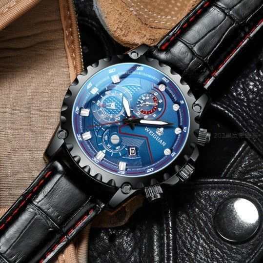 新品 デュアル クロノグラフ レザーベルト WEIGUAN 腕時計メンズ 黒青714761690